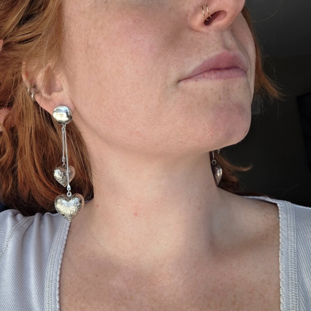 Vintage Western Bohemian Hippie Eclectic Silver Heart Pendant Earrings